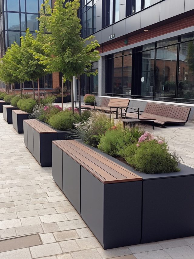 outdoor planters with bench feature
