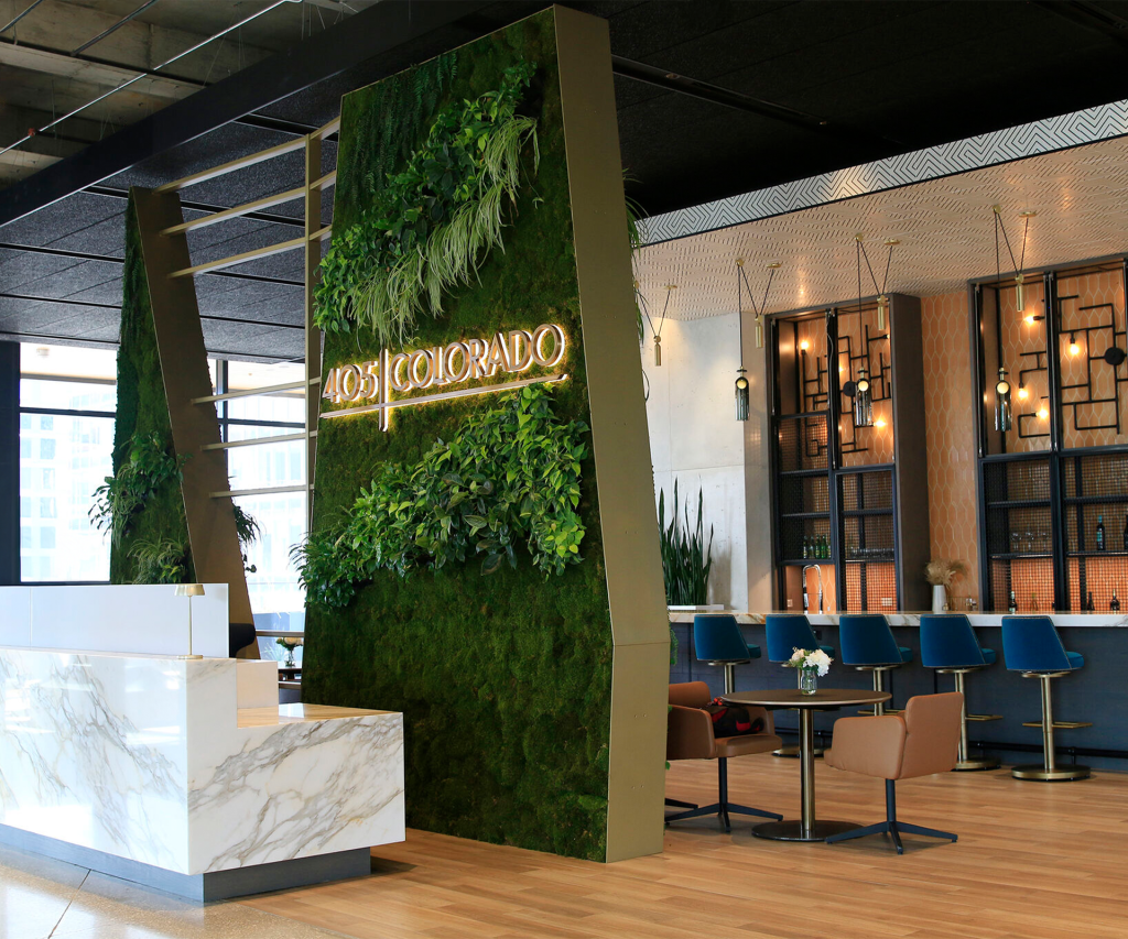 Hybrid moss and living wall installation at 405 Colorado in Austin by Green Oasis, combining preserved moss and live plants.