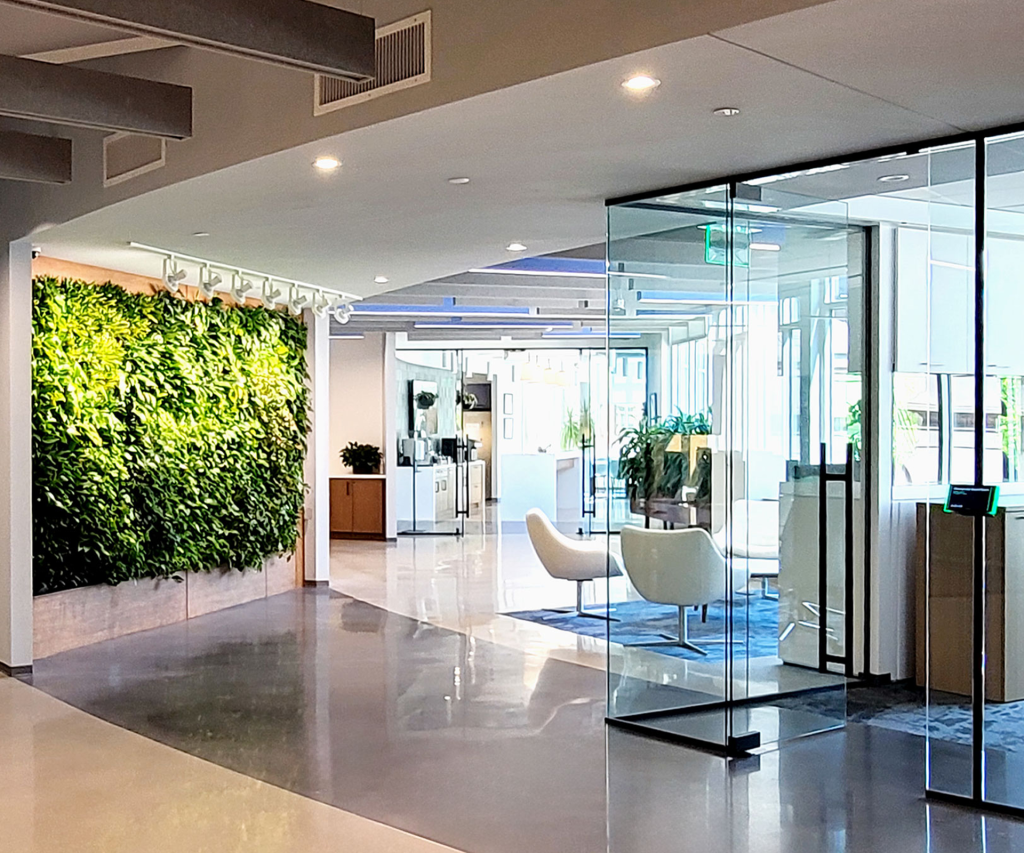 POD Living Wall installation at Hannon Armstrong headquarters in Annapolis, integrated into custom millwork by Green Oasis.