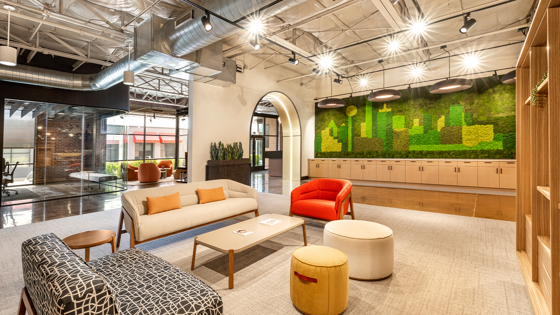 Dallas skyline moss wall installation by Green Oasis in CultureSpace office lounge.
