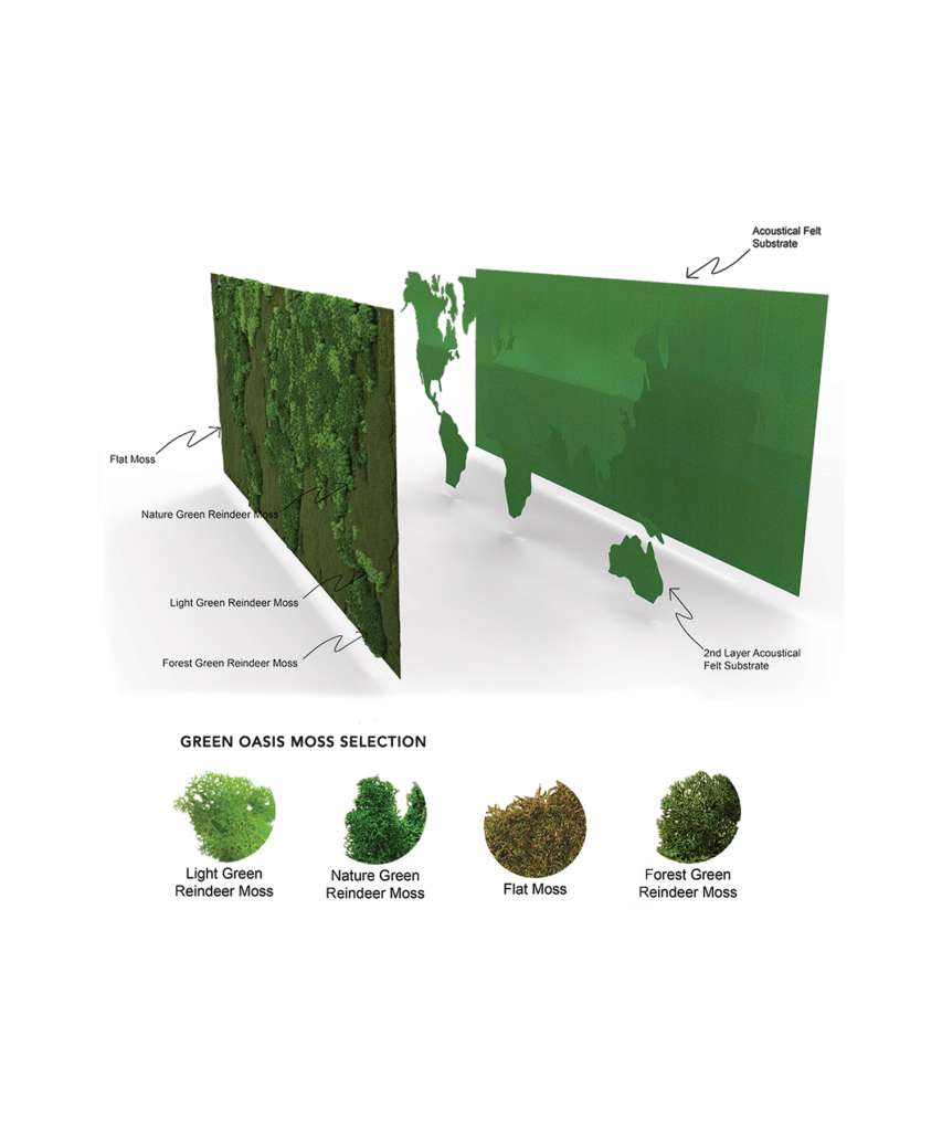 Design rendering of preserved moss world map wall for ICF International with substrate layers and moss selections.