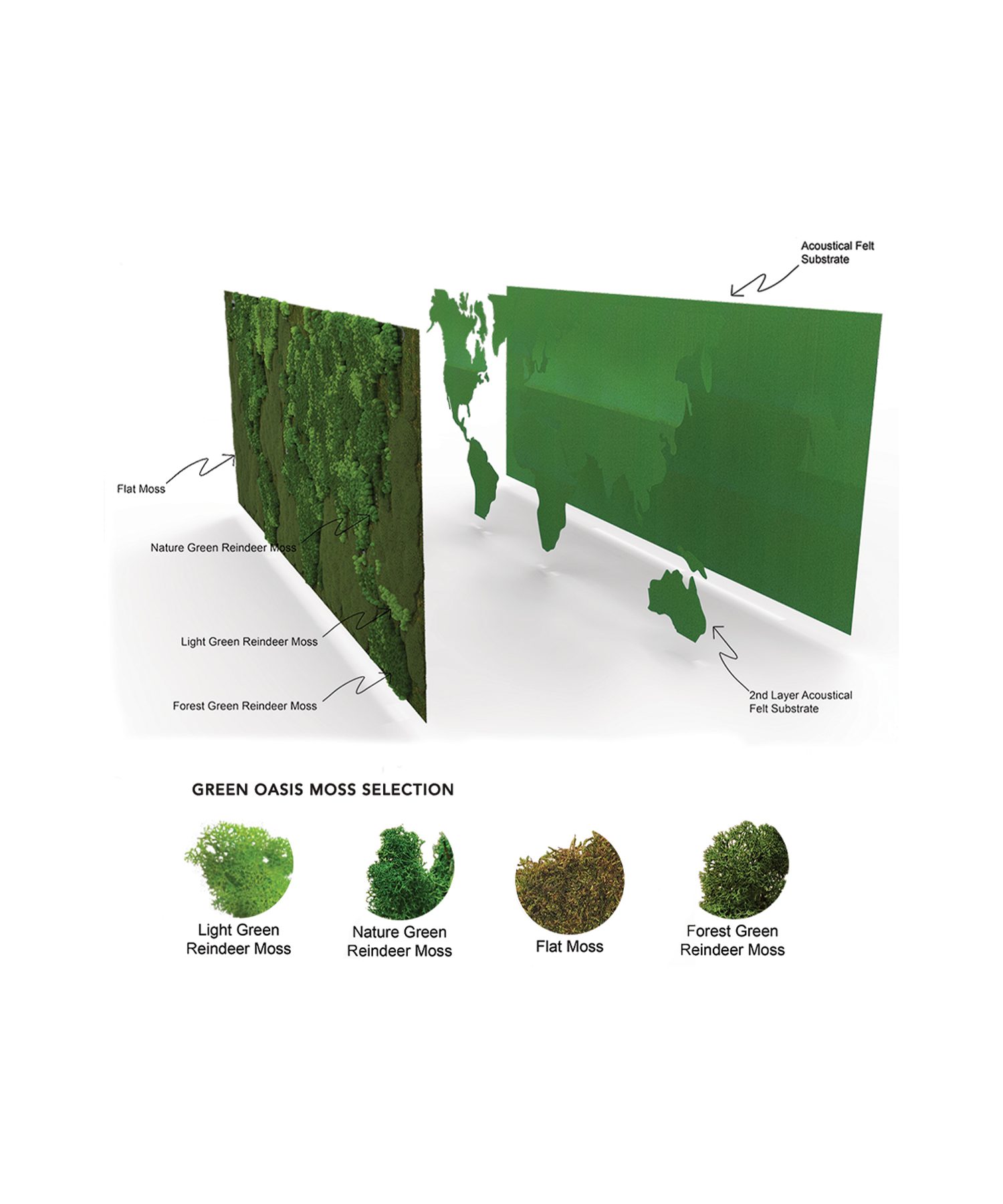 Design rendering of preserved moss world map wall for ICF International with substrate layers and moss selections.