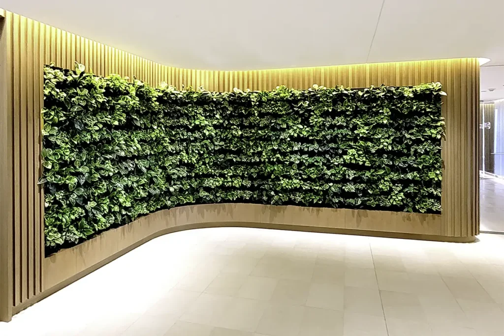 Curved POD Living Wall integrated into custom millwork for a confidential workplace project by Green Oasis.